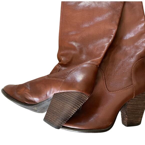 Vince Camuto Braden Brown Leather Rider Boots Sz 7.5 Wood Block Heel Equestrian - Picture 4 of 7